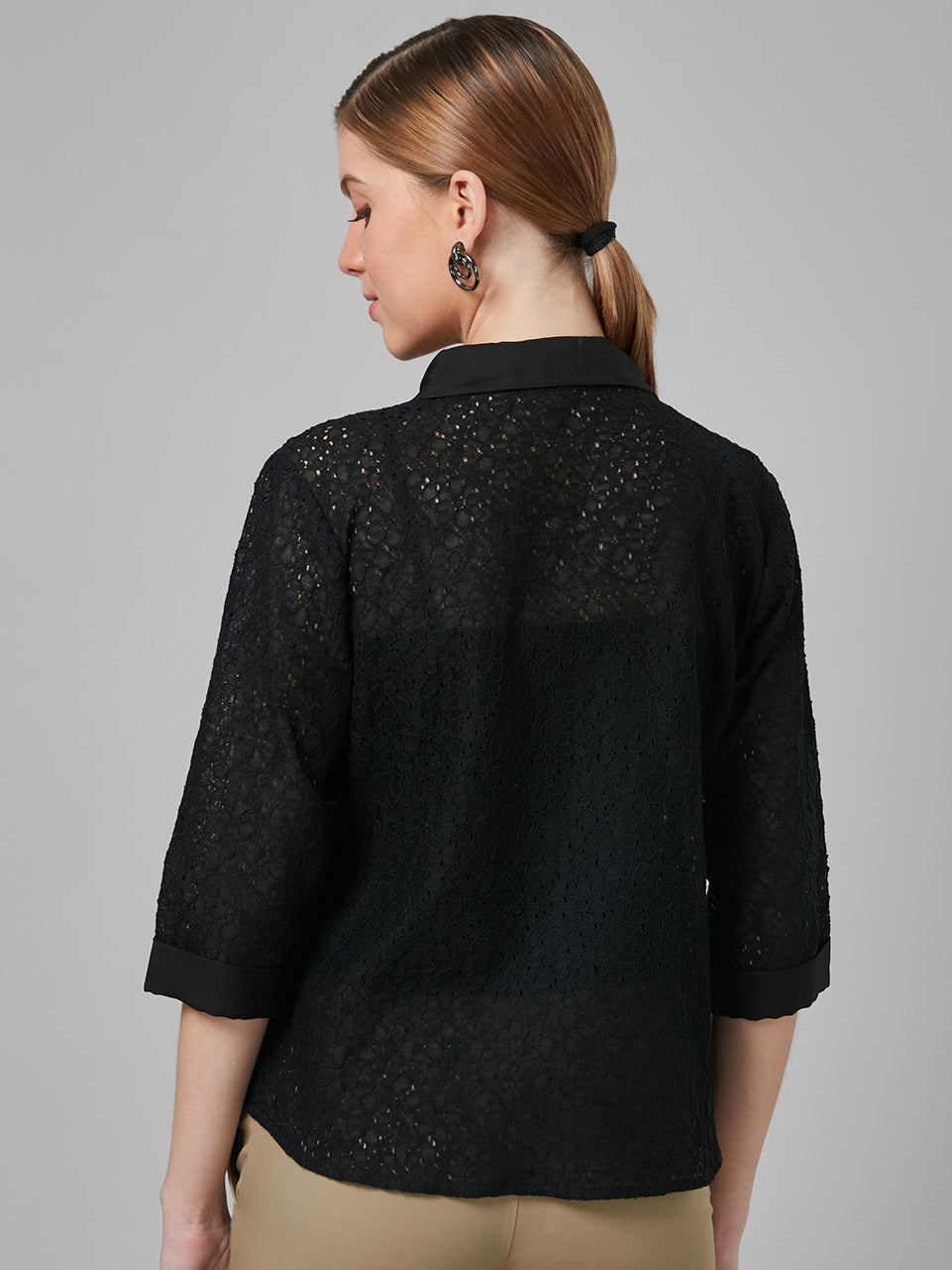 Style Quotient Women Black Self Design Cotton Regular Smart Casual Shirt-Shirts-StyleQuotient