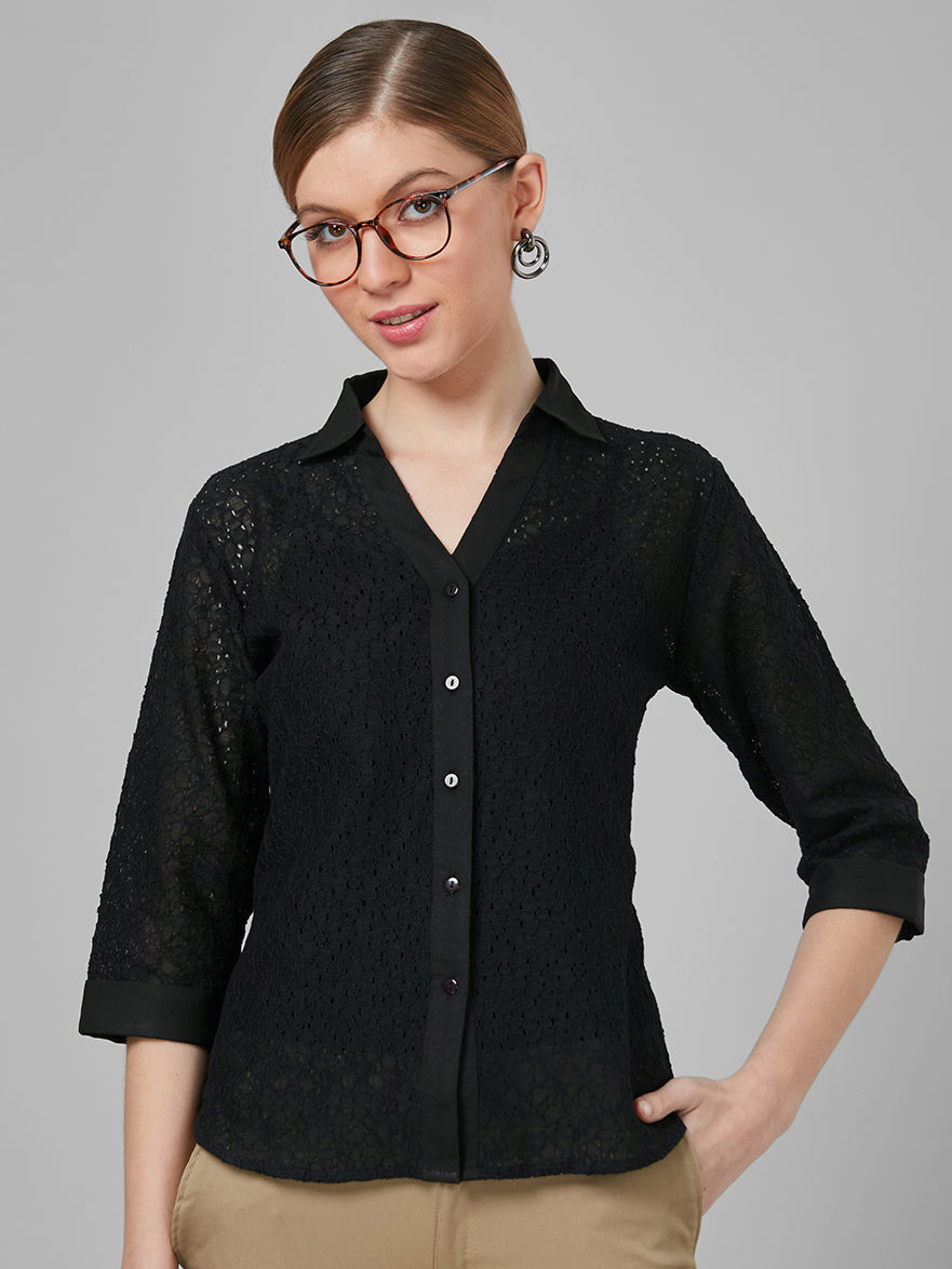 Style Quotient Women Black Self Design Cotton Regular Smart Casual Shirt-Shirts-StyleQuotient
