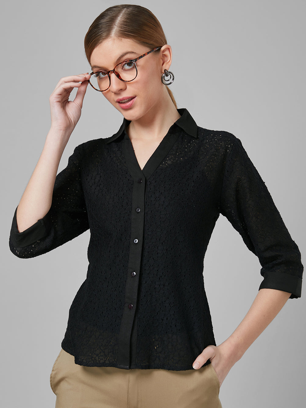 Style Quotient Women Black Self Design Cotton Regular Smart Casual Shirt-Shirts-StyleQuotient