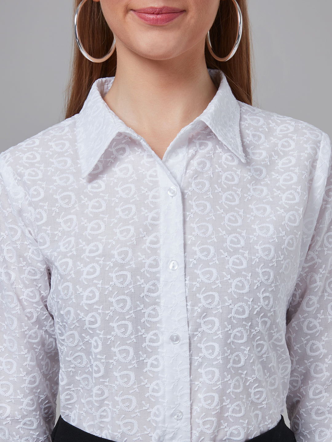 Style Quotient Women White Schiffli Cotton Regular Formal Shirt-Shirts-StyleQuotient