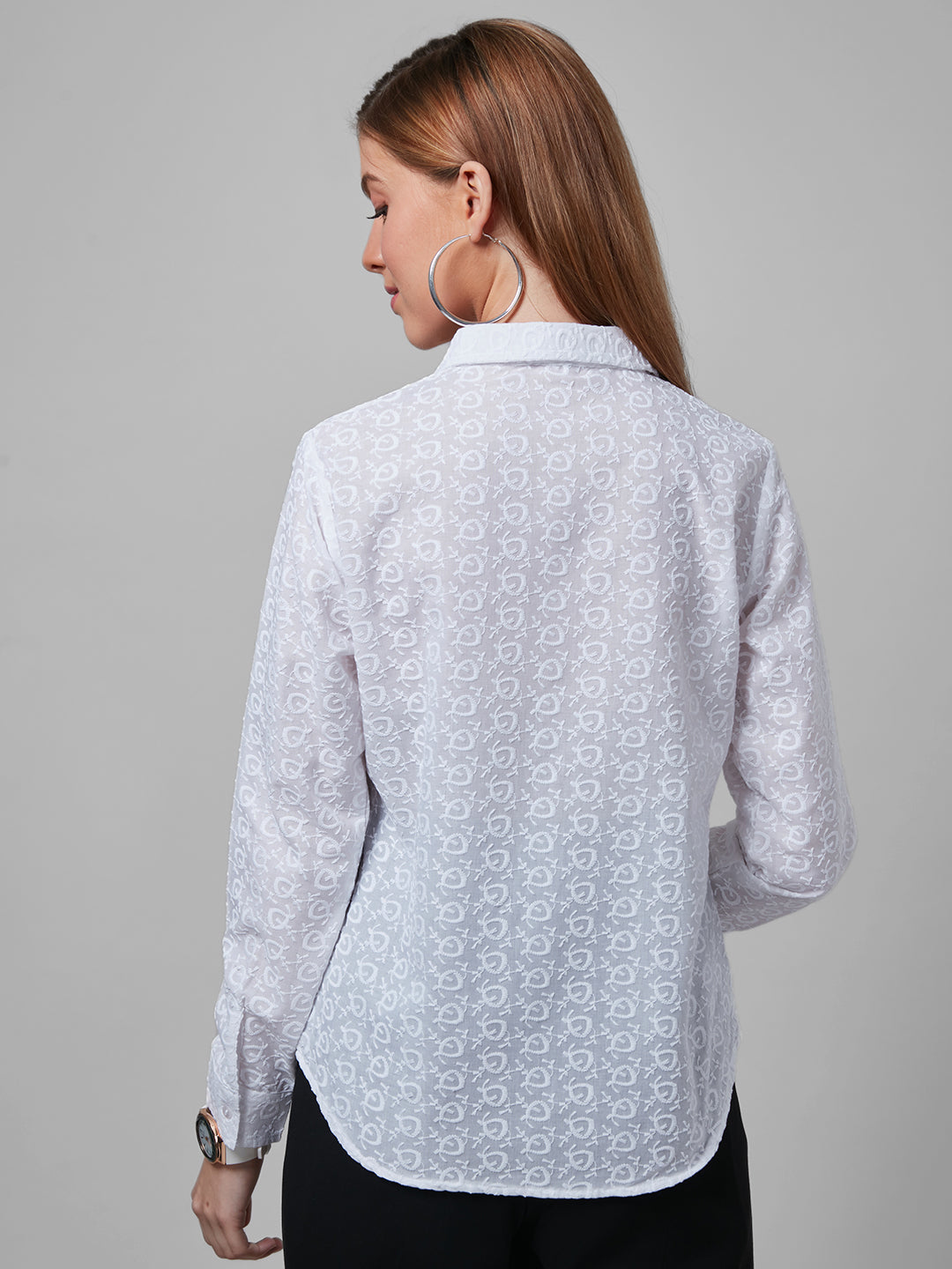 Style Quotient Women White Schiffli Cotton Regular Formal Shirt-Shirts-StyleQuotient