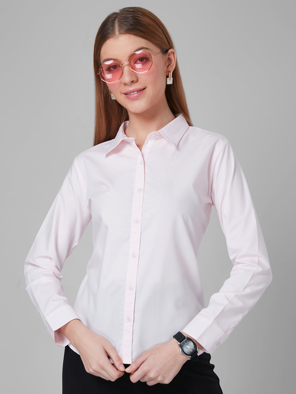 Style Quotient Women Solid Pastel Pink PolyCotton Regular Formal Shirt-Shirts-StyleQuotient