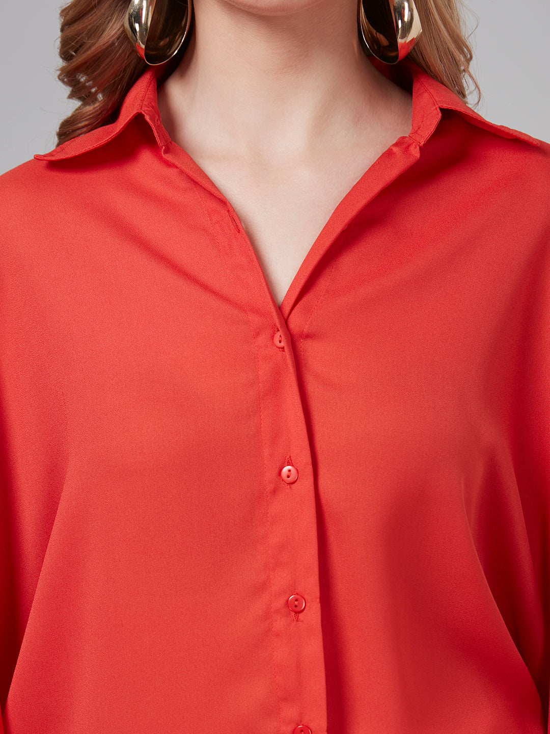 Style Quotient Women Solar Orange Solid Poly Crepe Oversized Casual Shirt-Shirts-StyleQuotient