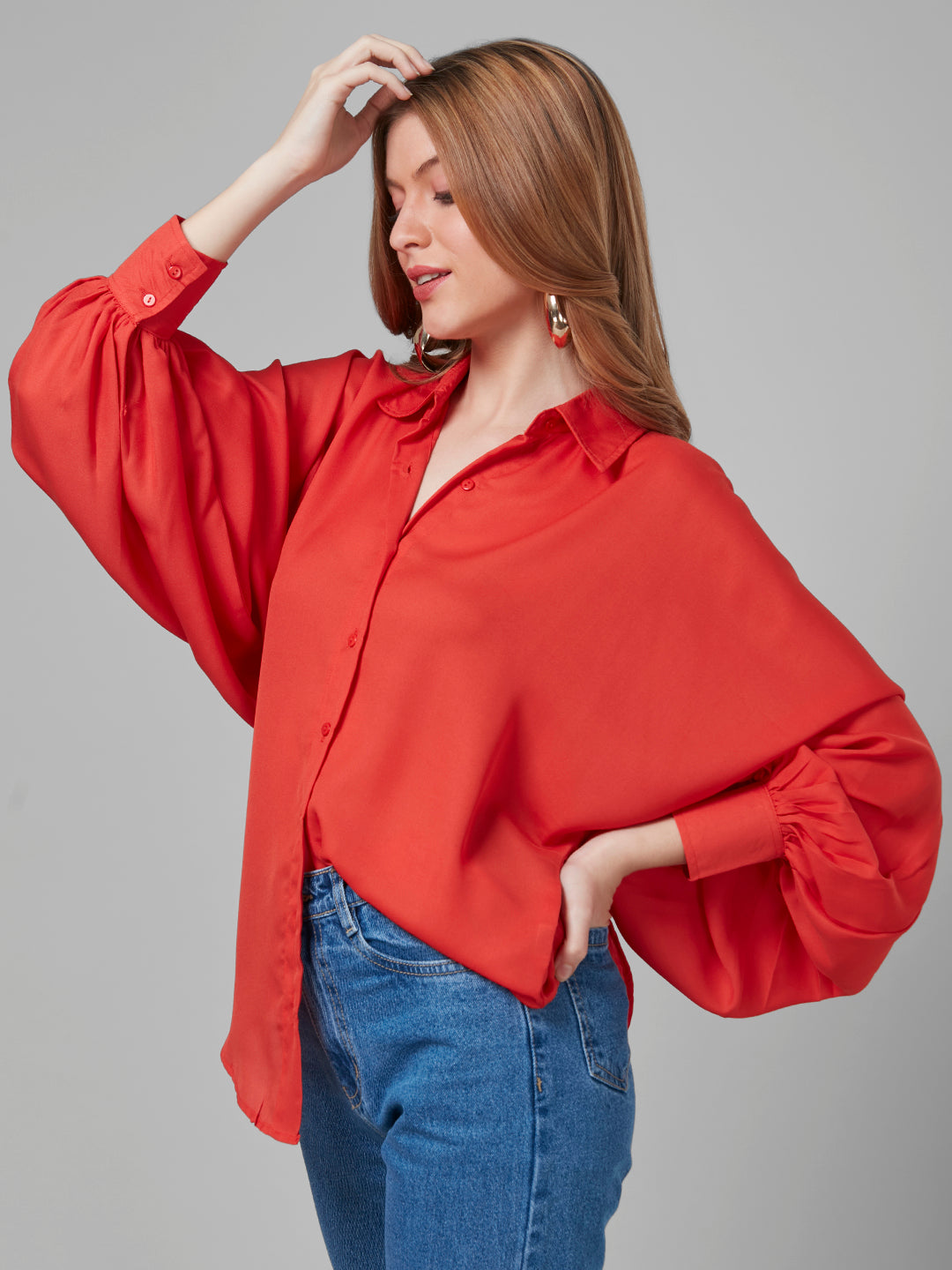 Style Quotient Women Solar Orange Solid Poly Crepe Oversized Casual Shirt-Shirts-StyleQuotient