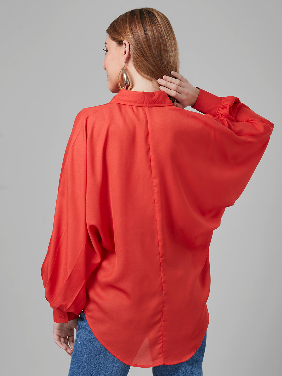Style Quotient Women Solar Orange Solid Poly Crepe Oversized Casual Shirt-Shirts-StyleQuotient