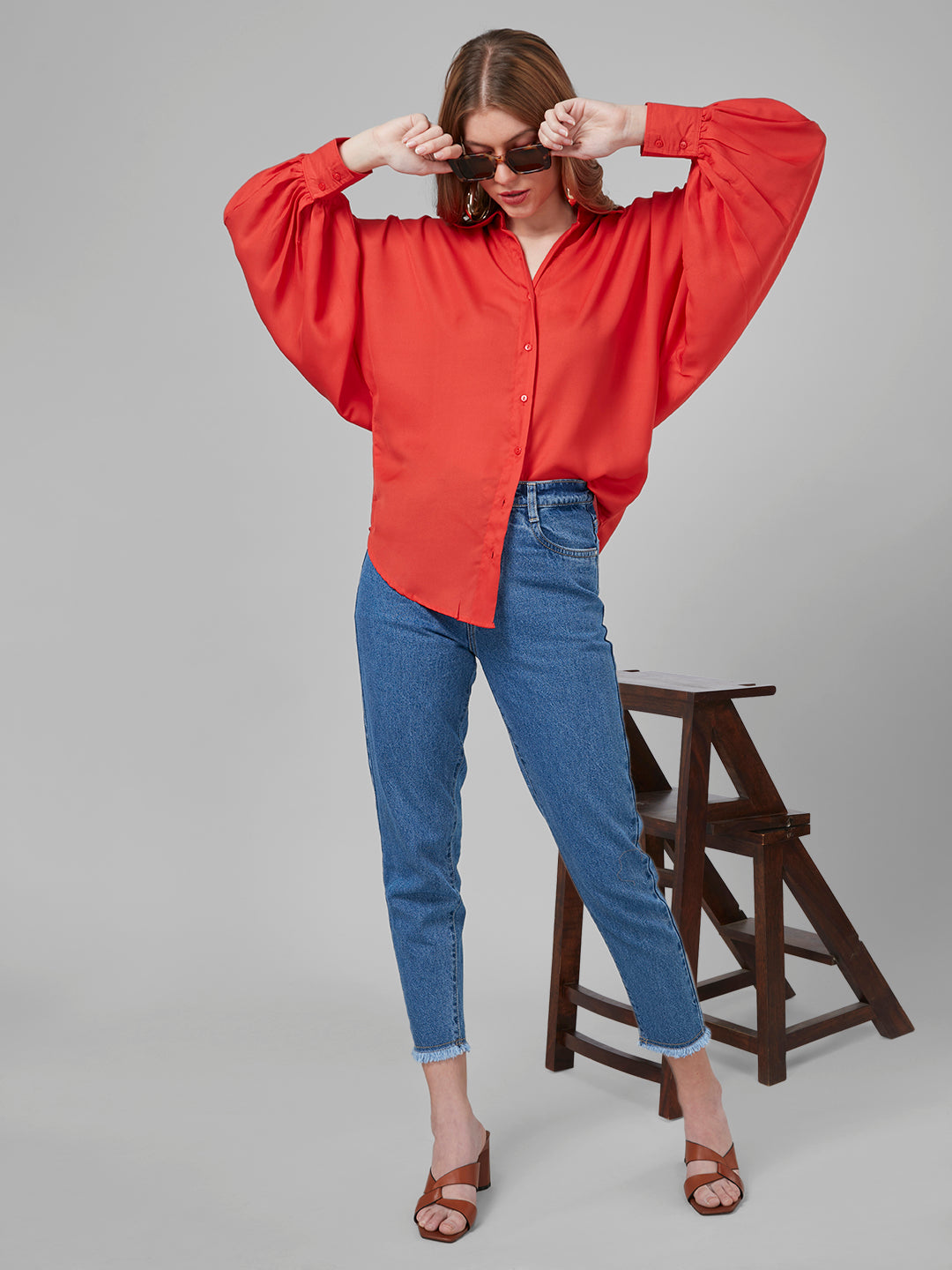 Style Quotient Women Solar Orange Solid Poly Crepe Oversized Casual Shirt-Shirts-StyleQuotient