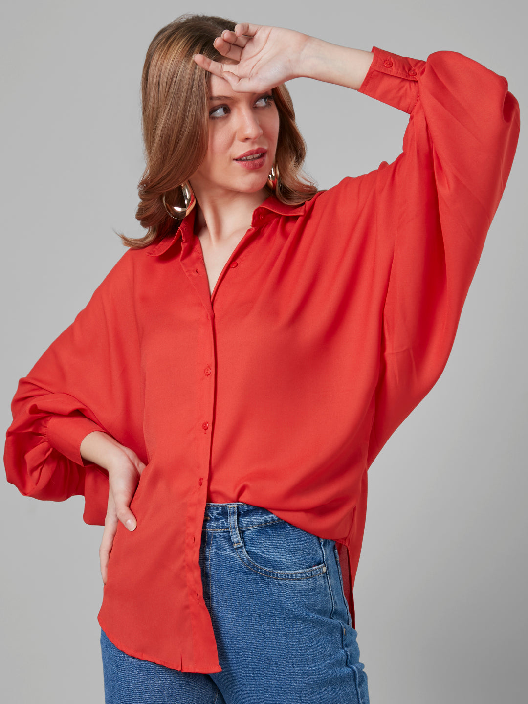 Style Quotient Women Solar Orange Solid Poly Crepe Oversized Casual Shirt-Shirts-StyleQuotient