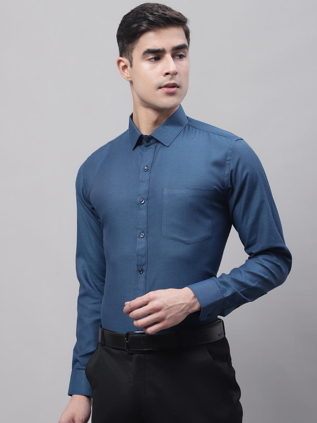 Style Quotient Men Blue Solid Self Design Polycotton Regular Fit Formal Shirt-Mens Shirt-StyleQuotient
