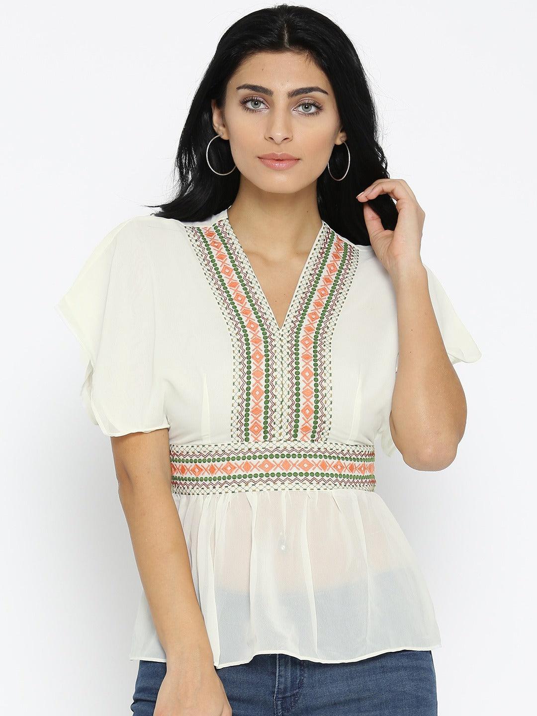 Style Quotient Women Off White V-Neck Solid Fashion Tops-Tops-StyleQuotient