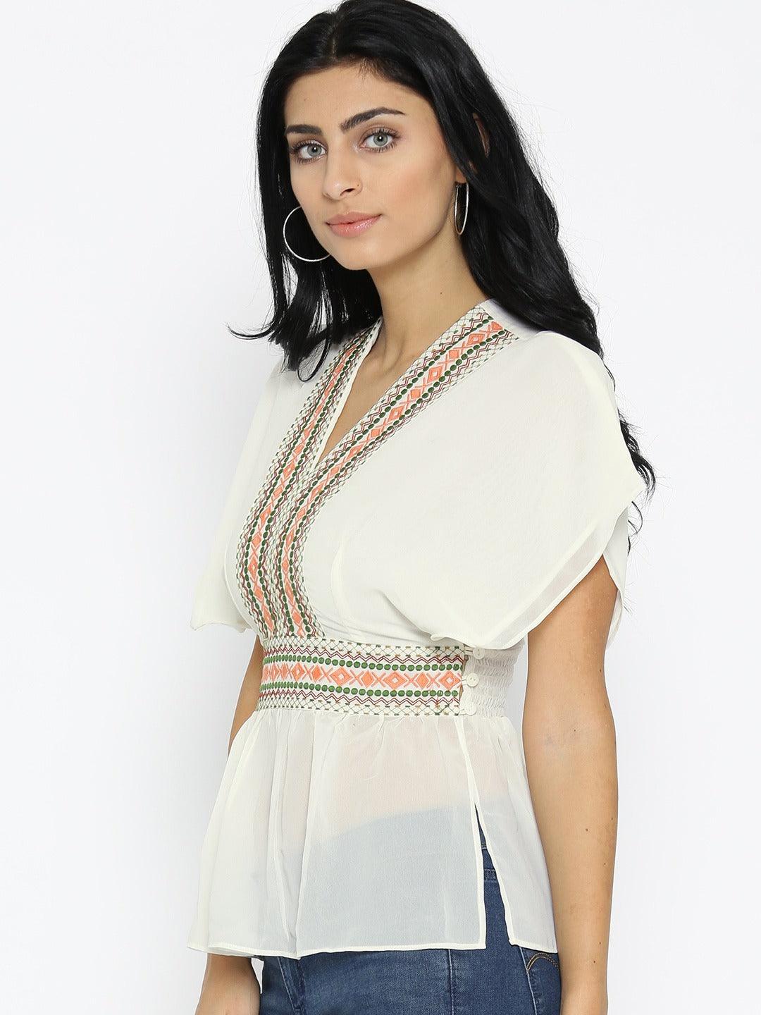 Style Quotient Women Off White V-Neck Solid Fashion Tops-Tops-StyleQuotient