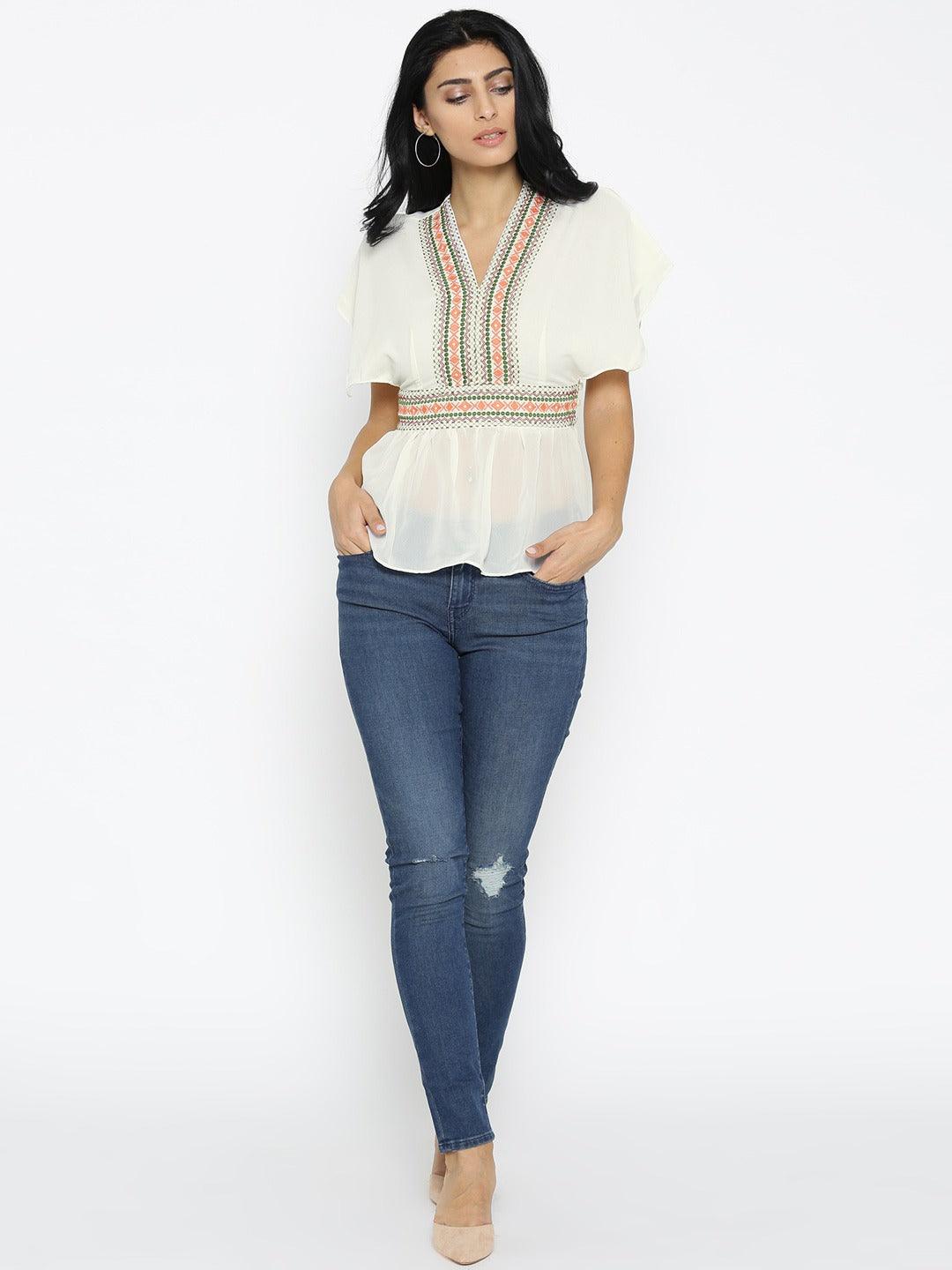 Style Quotient Women Off White V-Neck Solid Fashion Tops-Tops-StyleQuotient