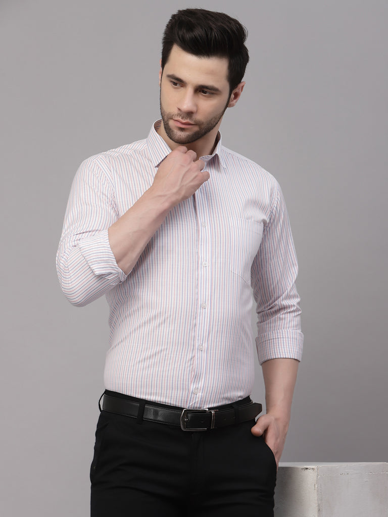 Style Quotient Men White And Peach Hairline Stripe YarnDyed PolyCotton Regular Formal Shirt-Mens Shirt-StyleQuotient
