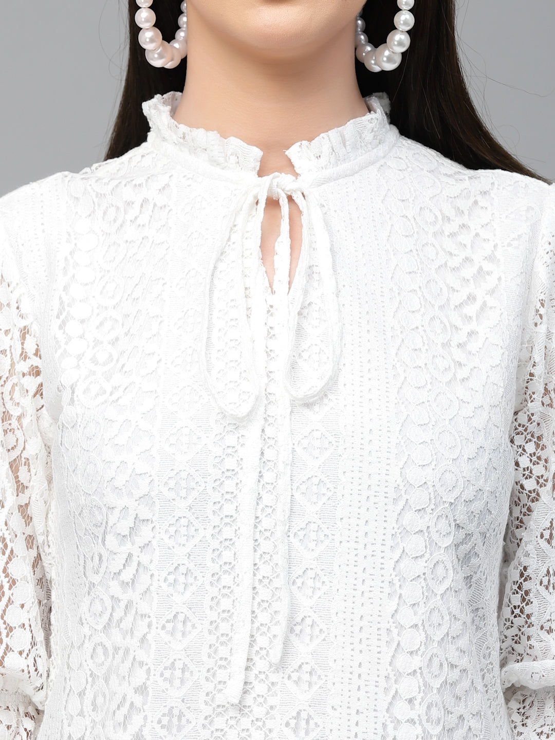 Style Quotient Women White Self Design Lace Regular Smart Casual Top-Tops-StyleQuotient