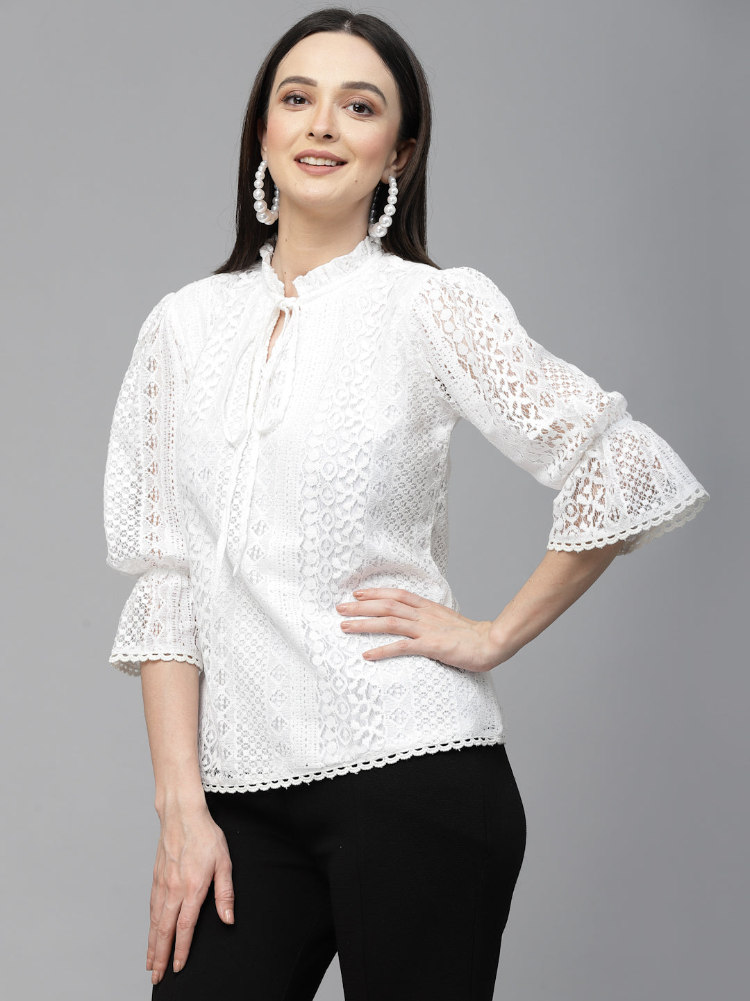 Style Quotient Women White Self Design Lace Regular Smart Casual Top-Tops-StyleQuotient