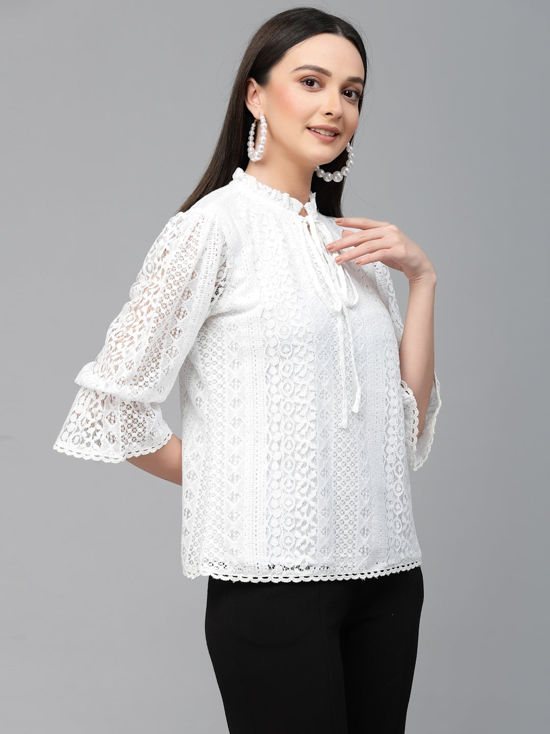 Style Quotient Women White Self Design Lace Regular Smart Casual Top-Tops-StyleQuotient