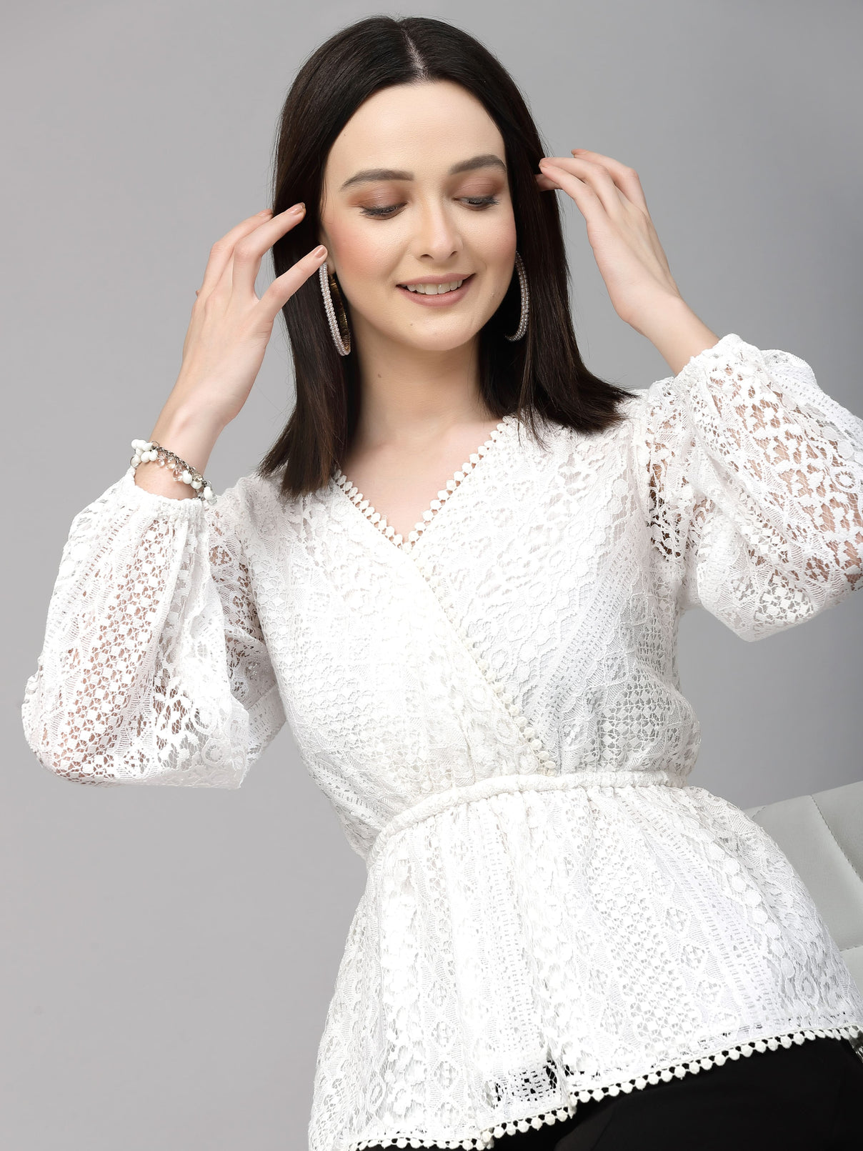 Style Quotient Women White Self Design Lace Regular Smart Casual Peplum Top-Tops-StyleQuotient