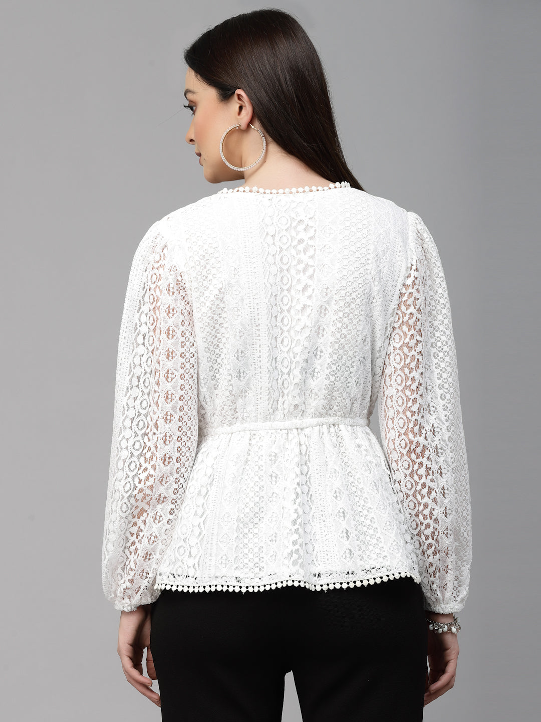 Style Quotient Women White Self Design Lace Regular Smart Casual Peplum Top-Tops-StyleQuotient