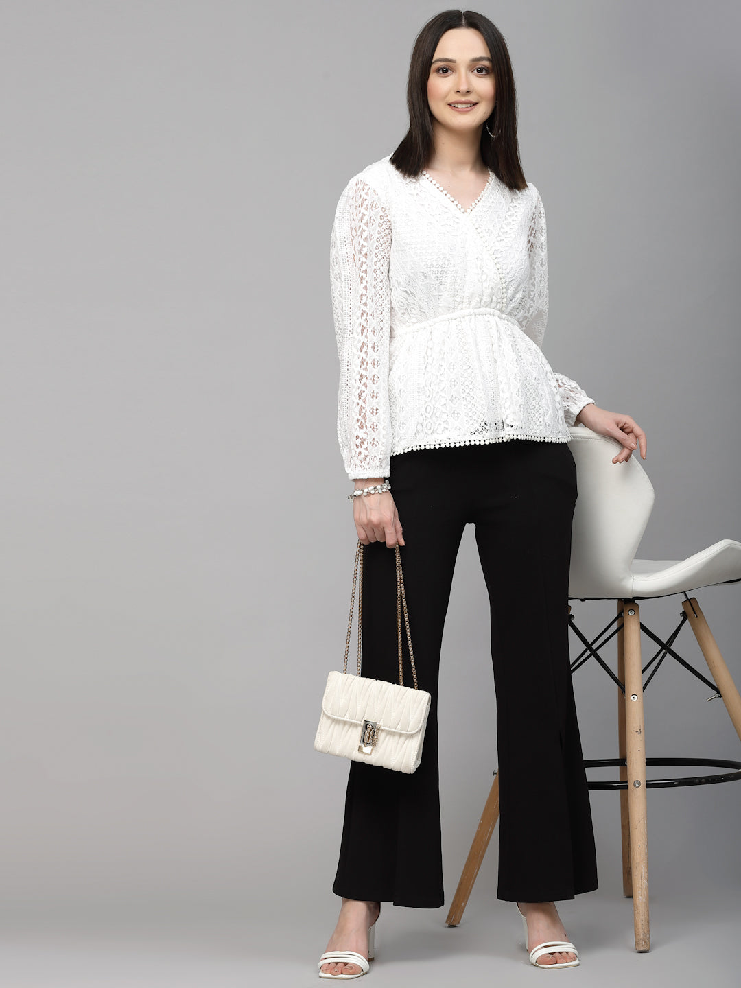 Style Quotient Women White Self Design Lace Regular Smart Casual Peplum Top-Tops-StyleQuotient