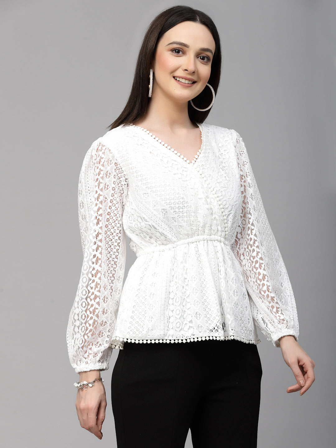 Style Quotient Women White Self Design Lace Regular Smart Casual Peplum Top-Tops-StyleQuotient