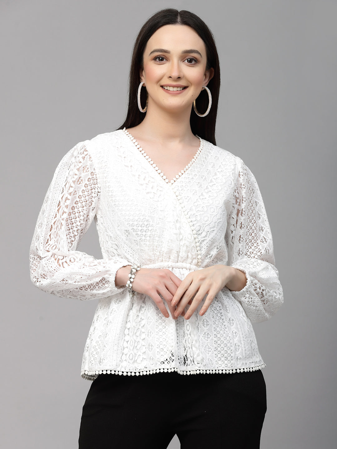 Style Quotient Women White Self Design Lace Regular Smart Casual Peplum Top-Tops-StyleQuotient