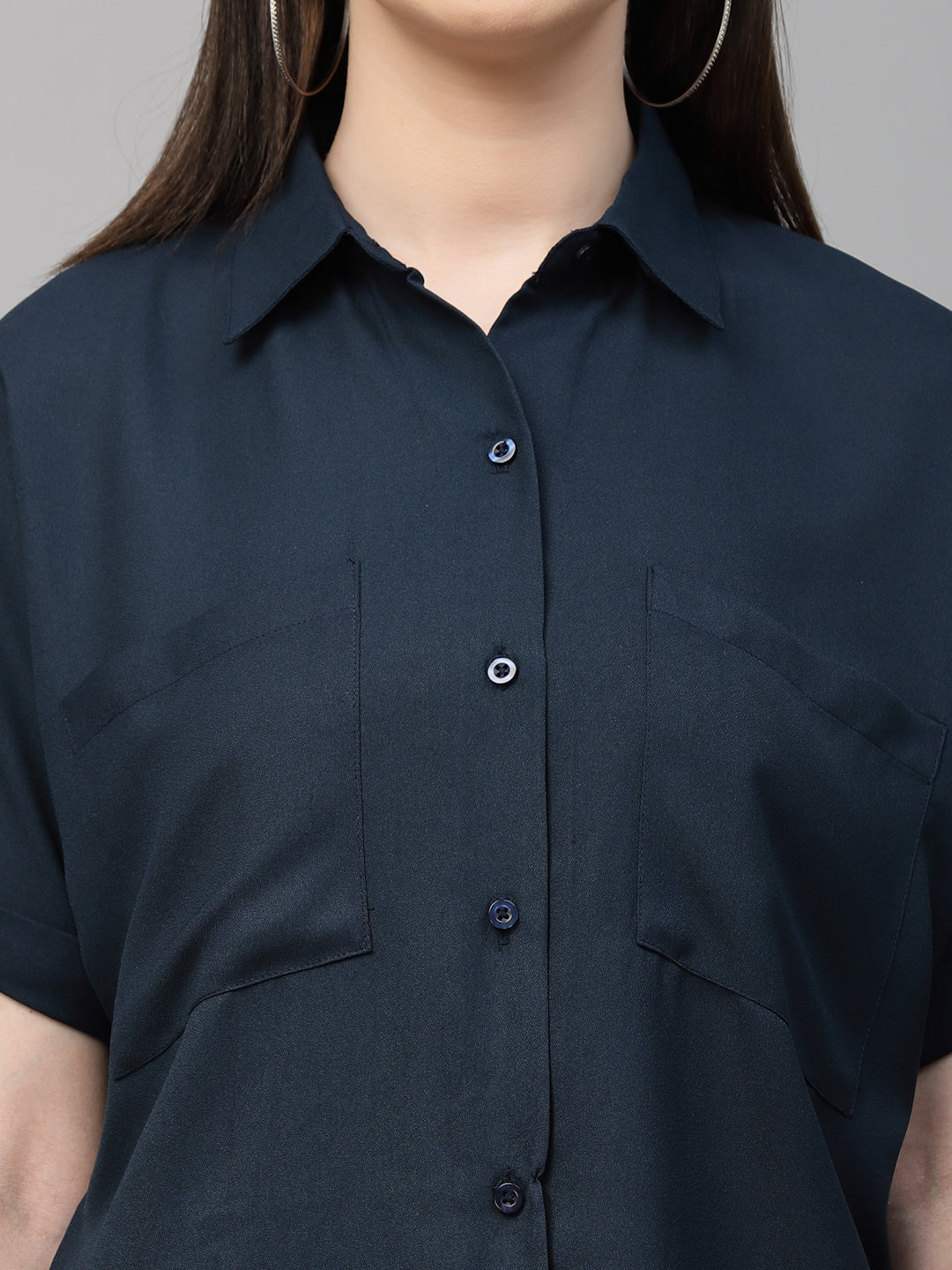 Style Quotient Women Navy Solid Smart Casual Shirt-Shirts-StyleQuotient