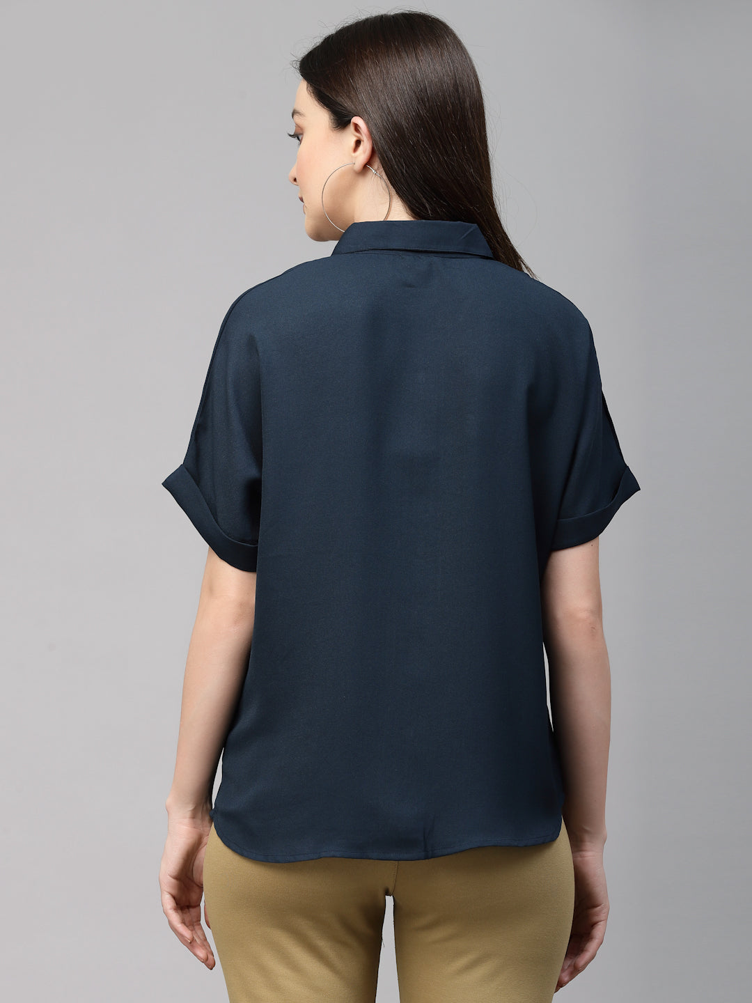 Style Quotient Women Navy Solid Smart Casual Shirt-Shirts-StyleQuotient