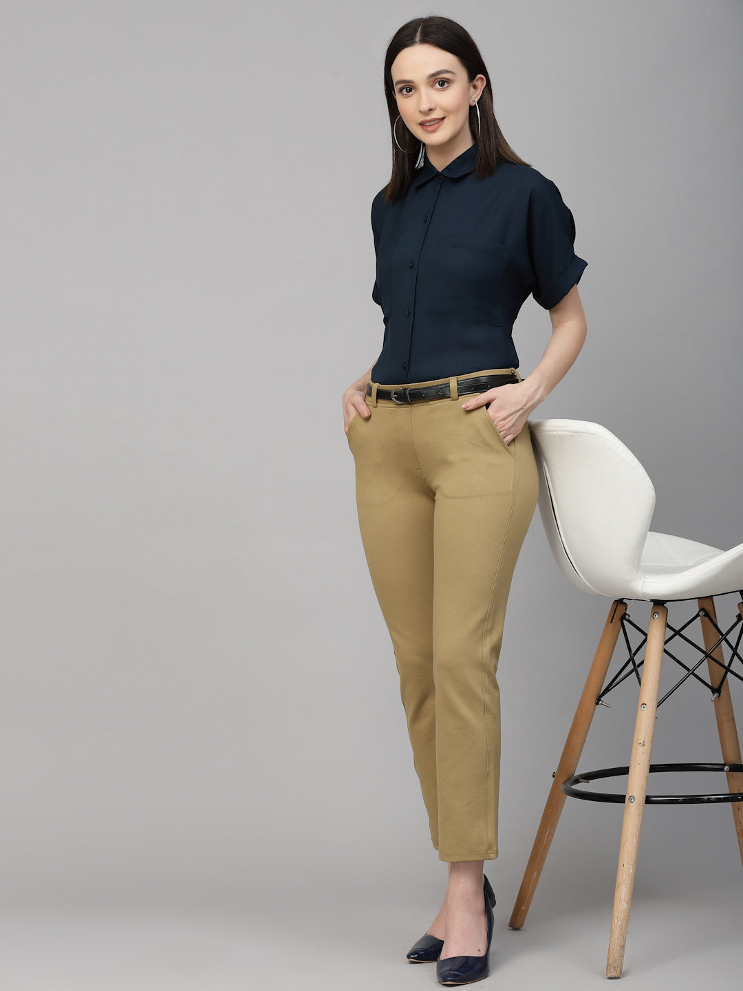 Style Quotient Women Navy Solid Smart Casual Shirt-Shirts-StyleQuotient