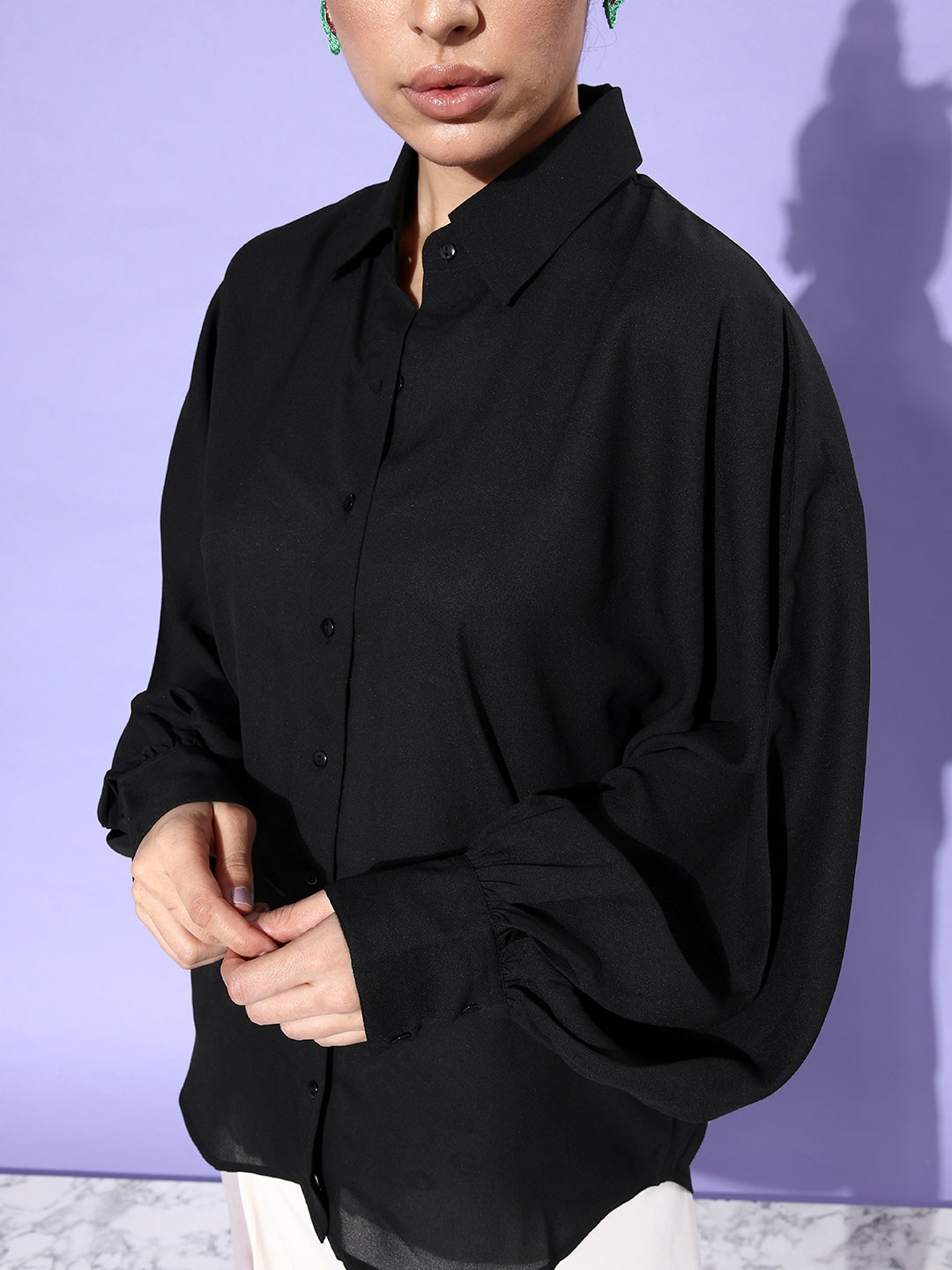 Style Quotient Women Solid Black Polyester Smart Casual Oversized Shirt-Shirts-StyleQuotient