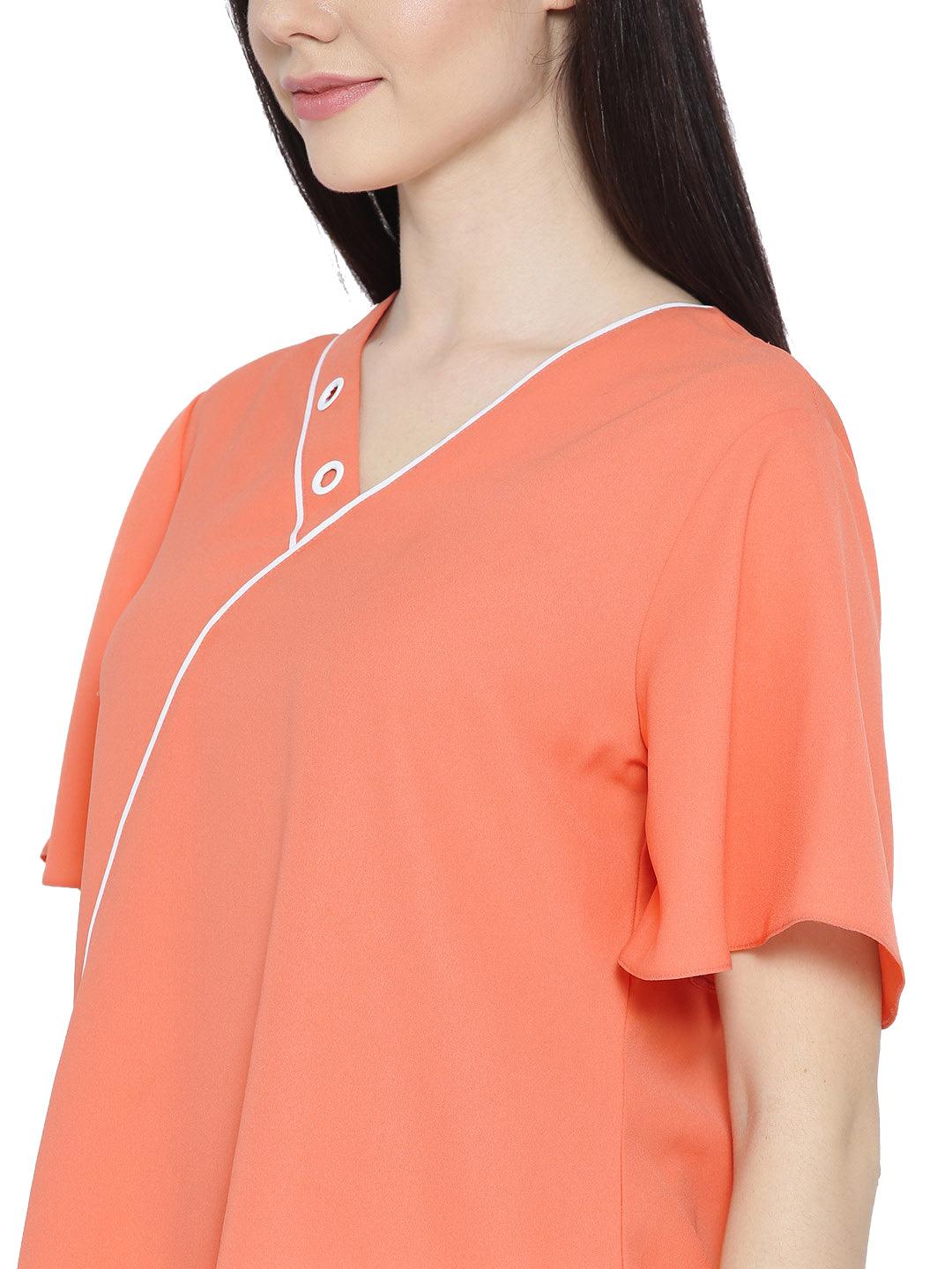 Style Quotient Women Coral V-Neck Solid Fashion Tops-Tops-StyleQuotient