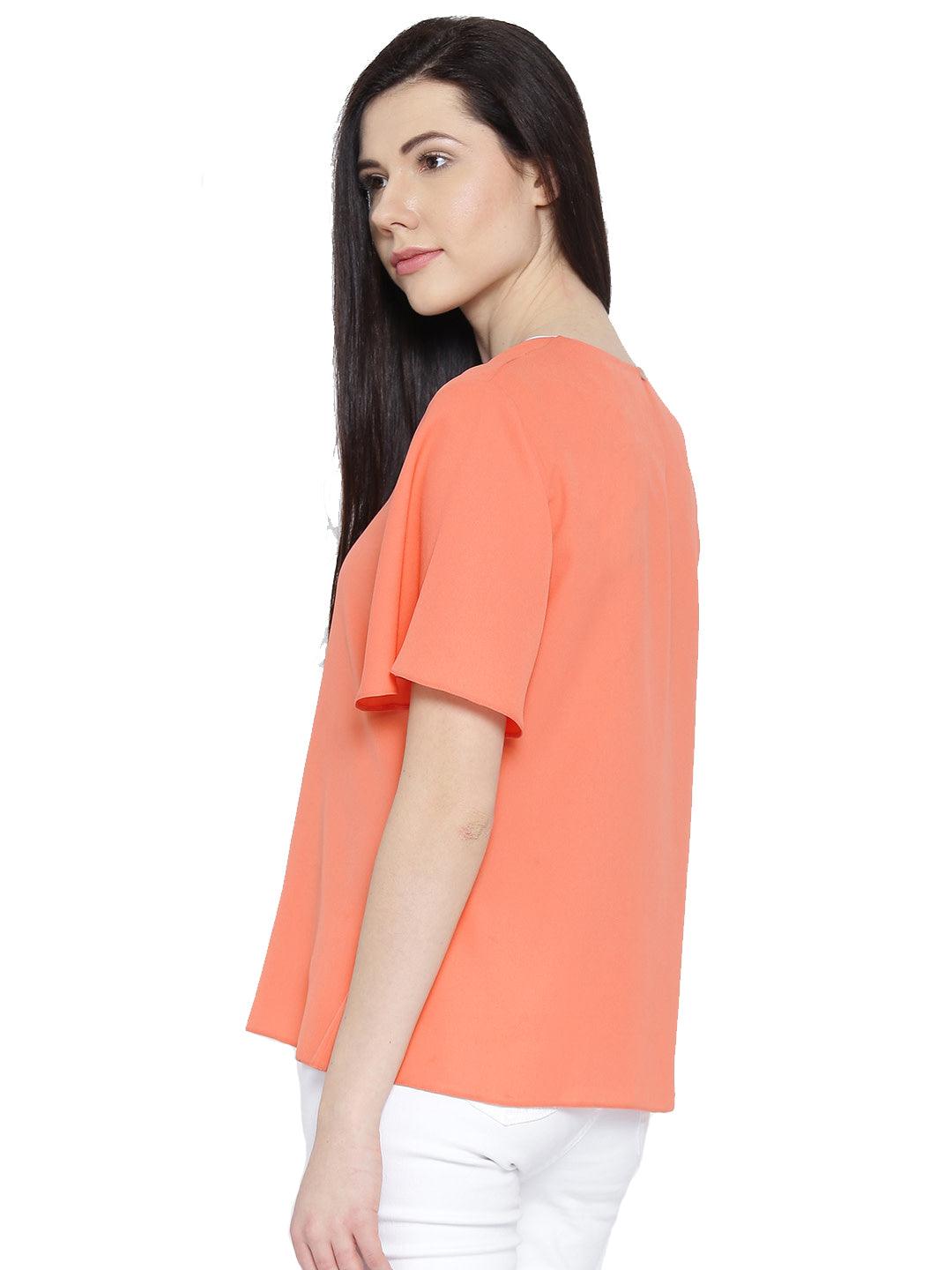 Style Quotient Women Coral V-Neck Solid Fashion Tops-Tops-StyleQuotient