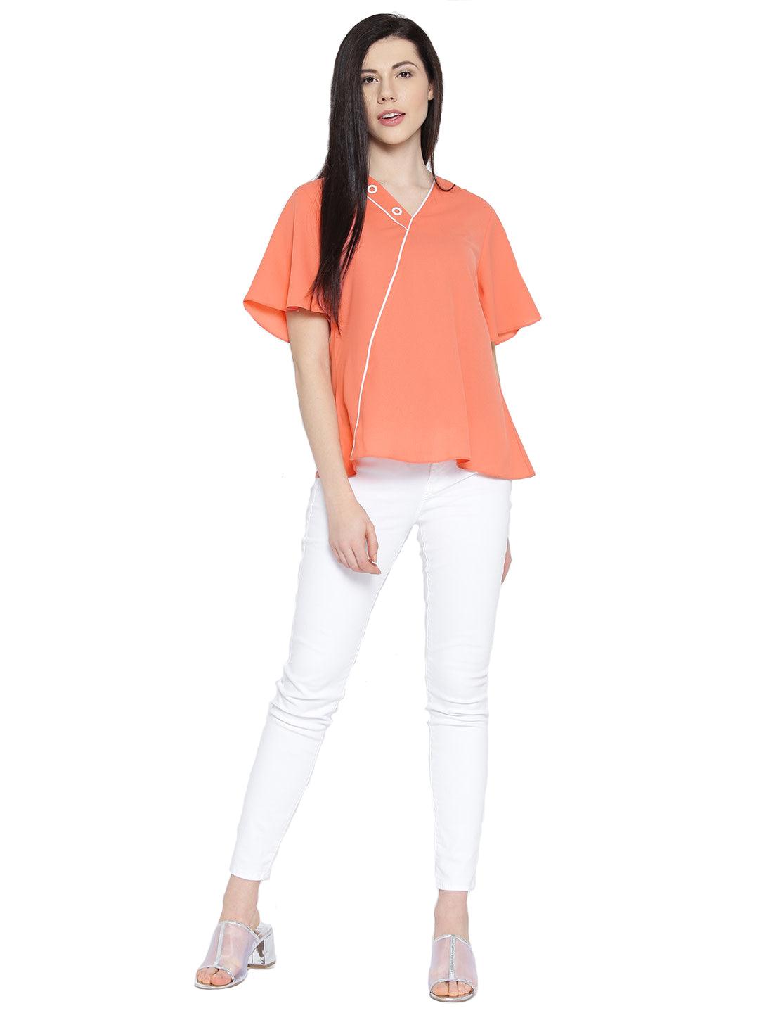 Style Quotient Women Coral V-Neck Solid Fashion Tops-Tops-StyleQuotient