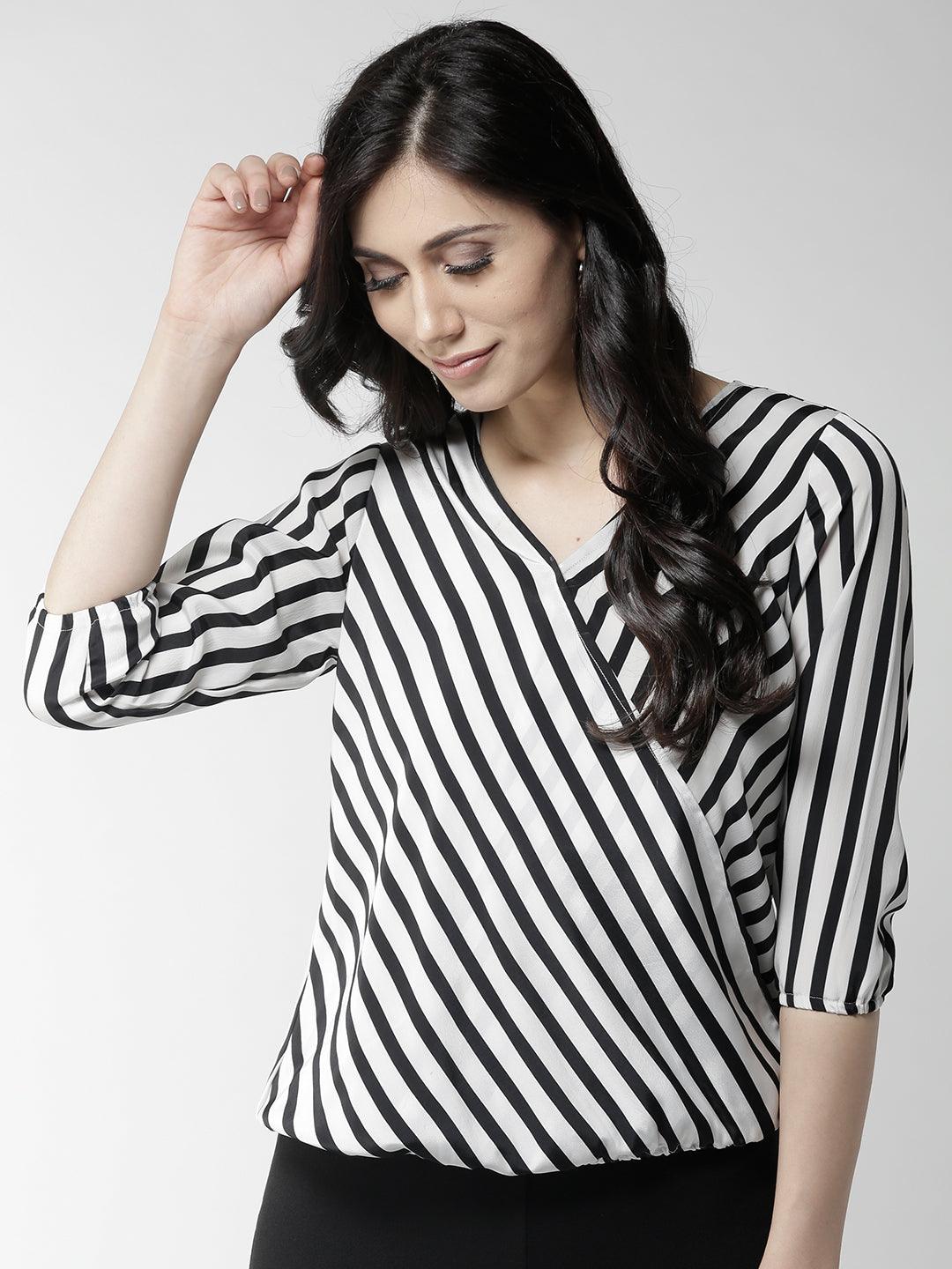 Style Quotient Women Black and White Stripe Polyester Relaxed fit Smart casual top-Tops-StyleQuotient