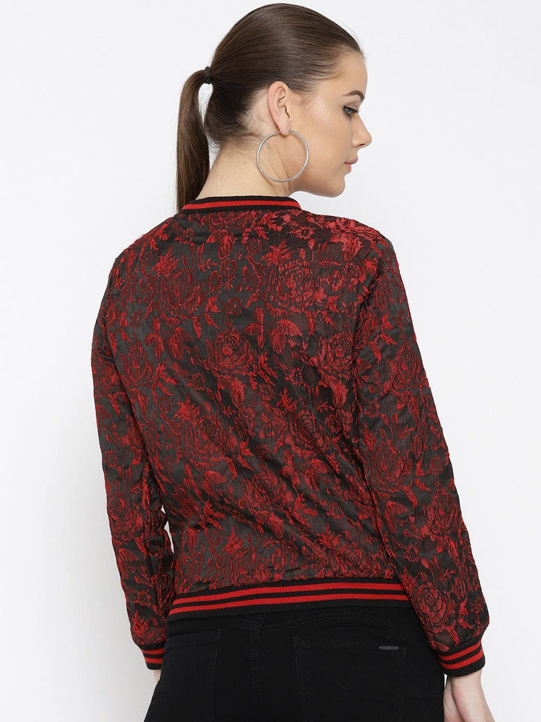 Style Quotient Women Black & Red Self Design Bomber Jacket-Jackets-StyleQuotient