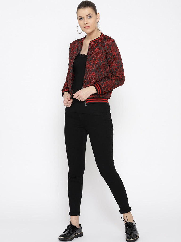 Style Quotient Women Black & Red Self Design Bomber Jacket-Jackets-StyleQuotient