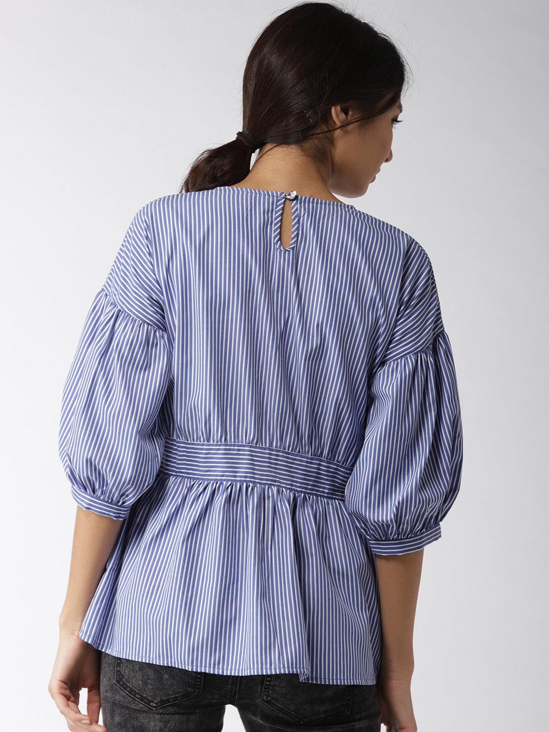 Women Blue Striped A-Line Top-Tops-StyleQuotient
