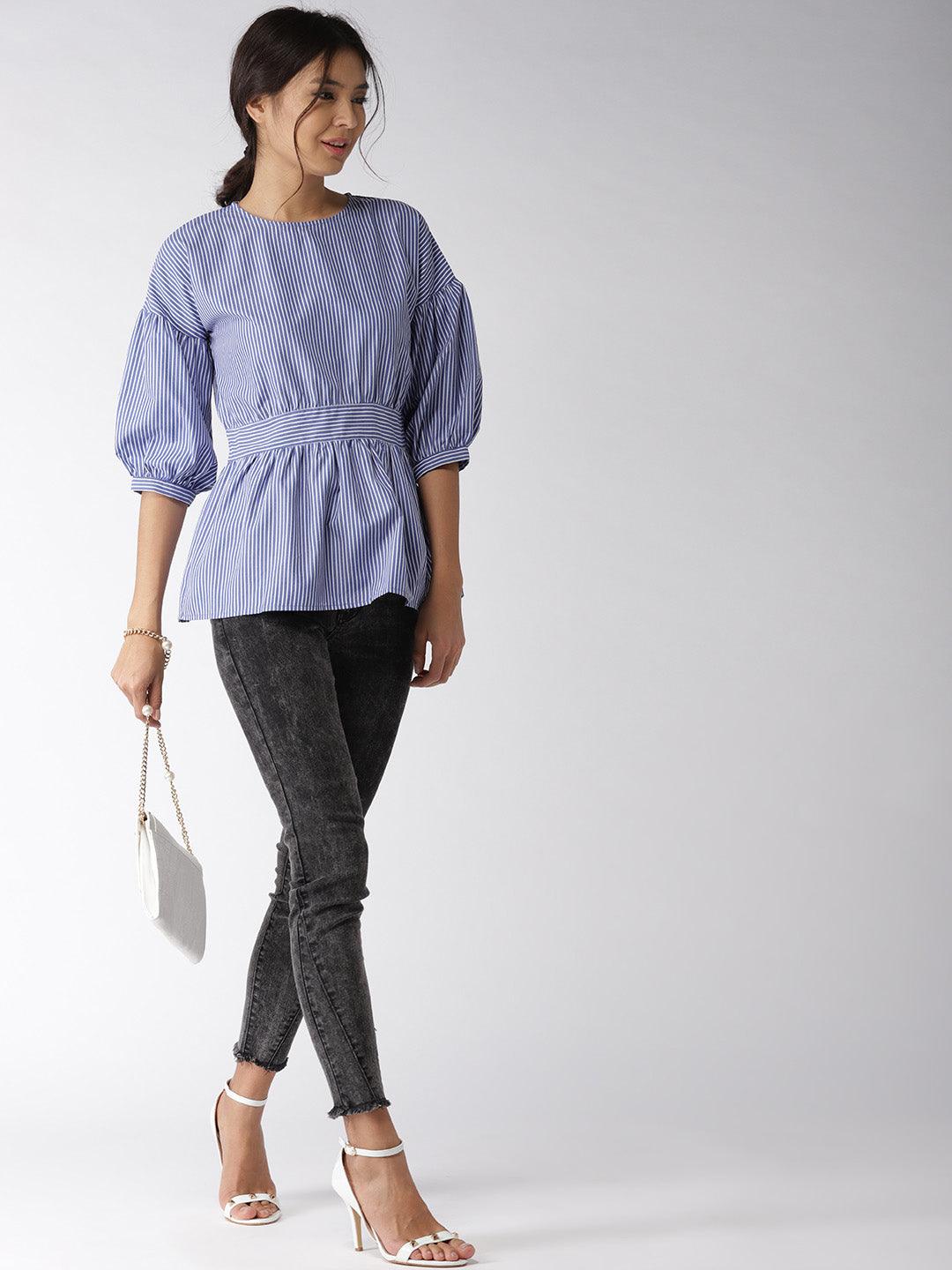 Women Blue Striped A-Line Top-Tops-StyleQuotient