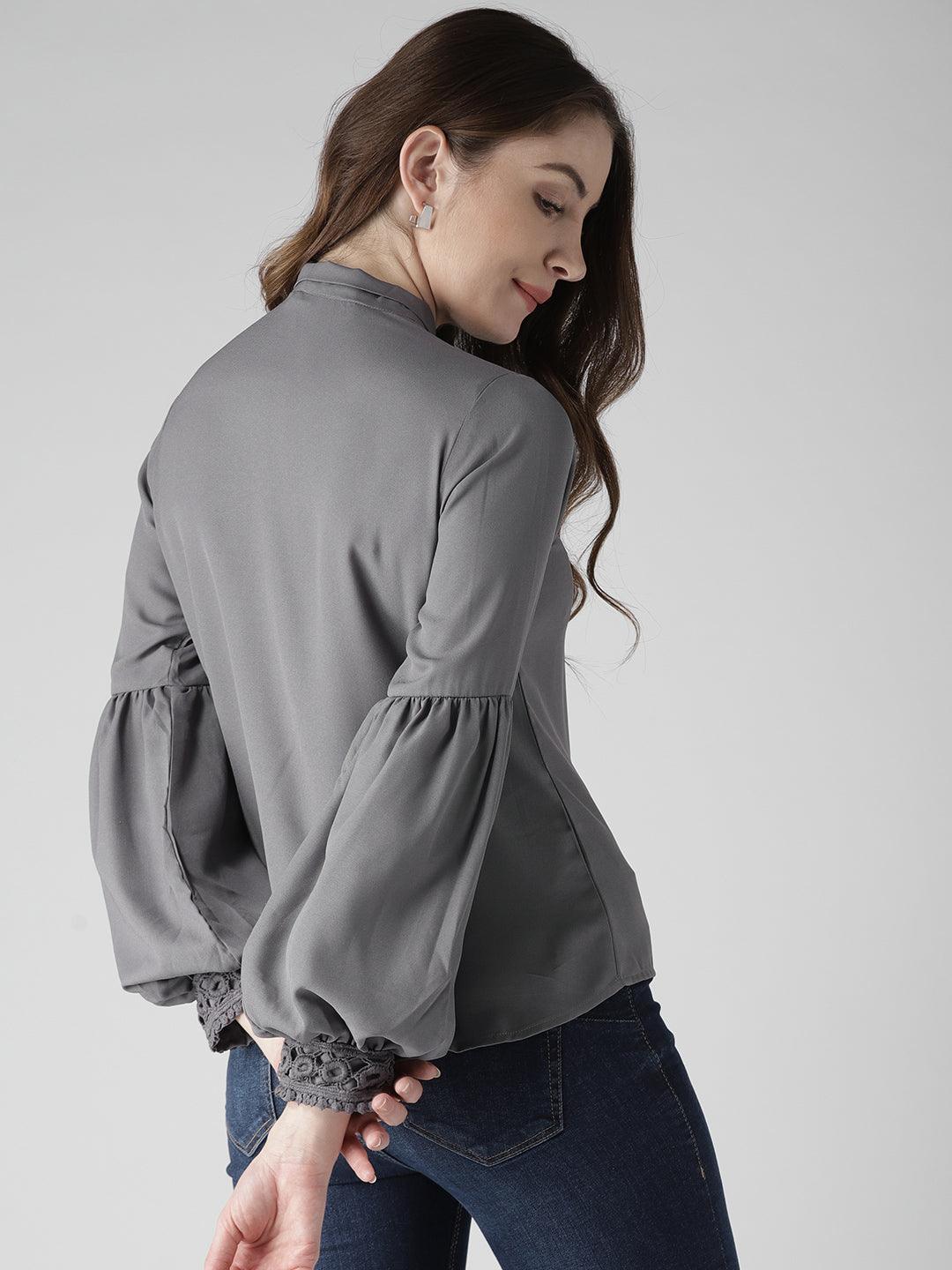 Style Quotient Women Solid Grey Polyester Regular Smart Casual Top-Tops-StyleQuotient