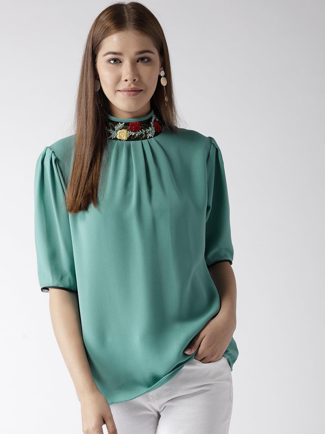Style Quotient women Solid Aqua Green Polymoss embroidered smart casual top-Tops-StyleQuotient