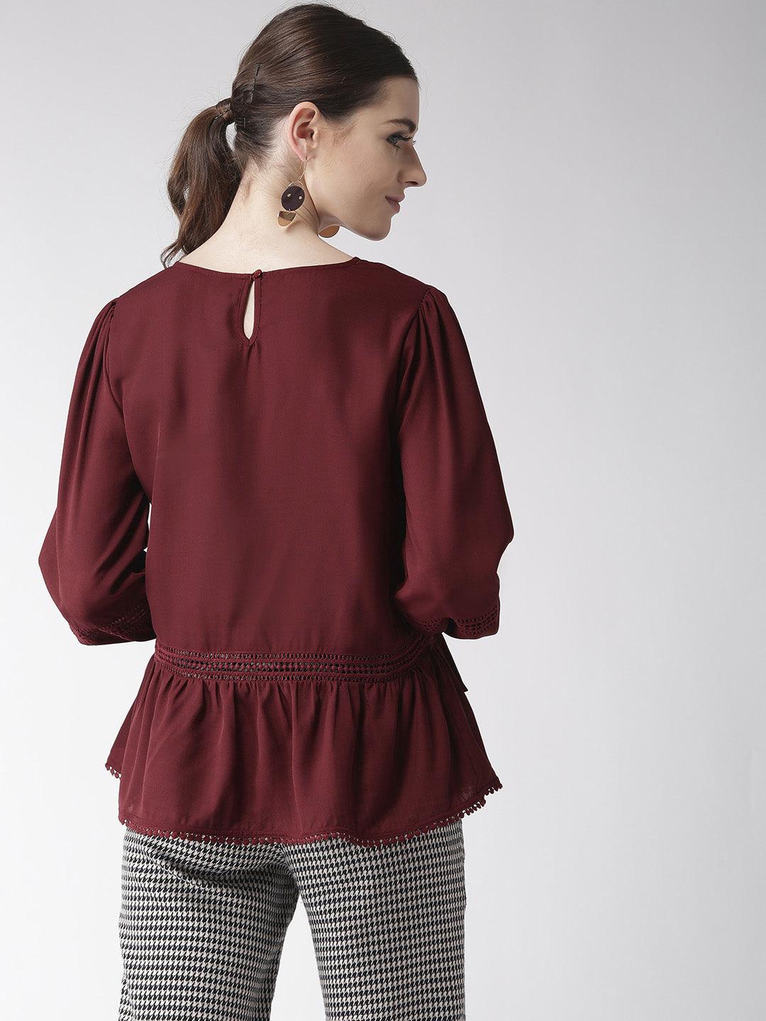 Women Burgundy Solid A-Line Top-Tops-StyleQuotient