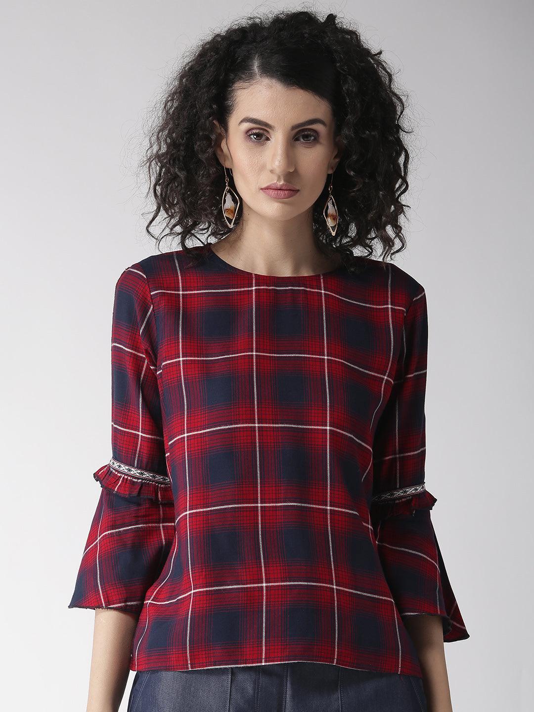 Women Maroon & Navy Blue Checked Top-Tops-StyleQuotient
