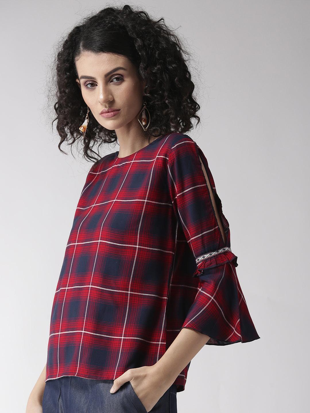 Women Maroon & Navy Blue Checked Top-Tops-StyleQuotient