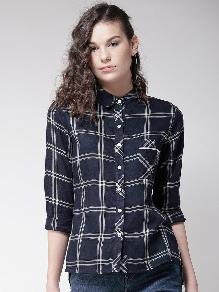 Women Navy Blue & White Regular Fit Checked Casual Shirt-Shirts-StyleQuotient