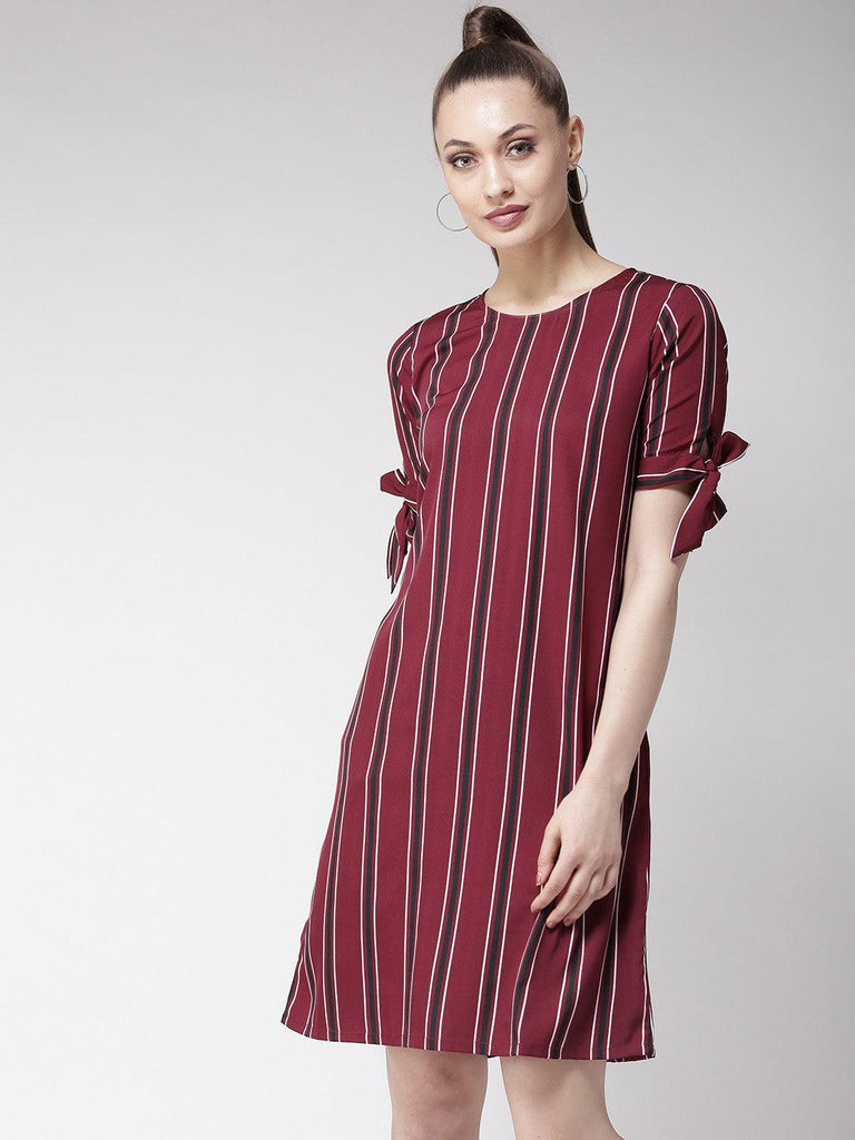 Women Maroon Striped A-Line Dress-Dresses-StyleQuotient