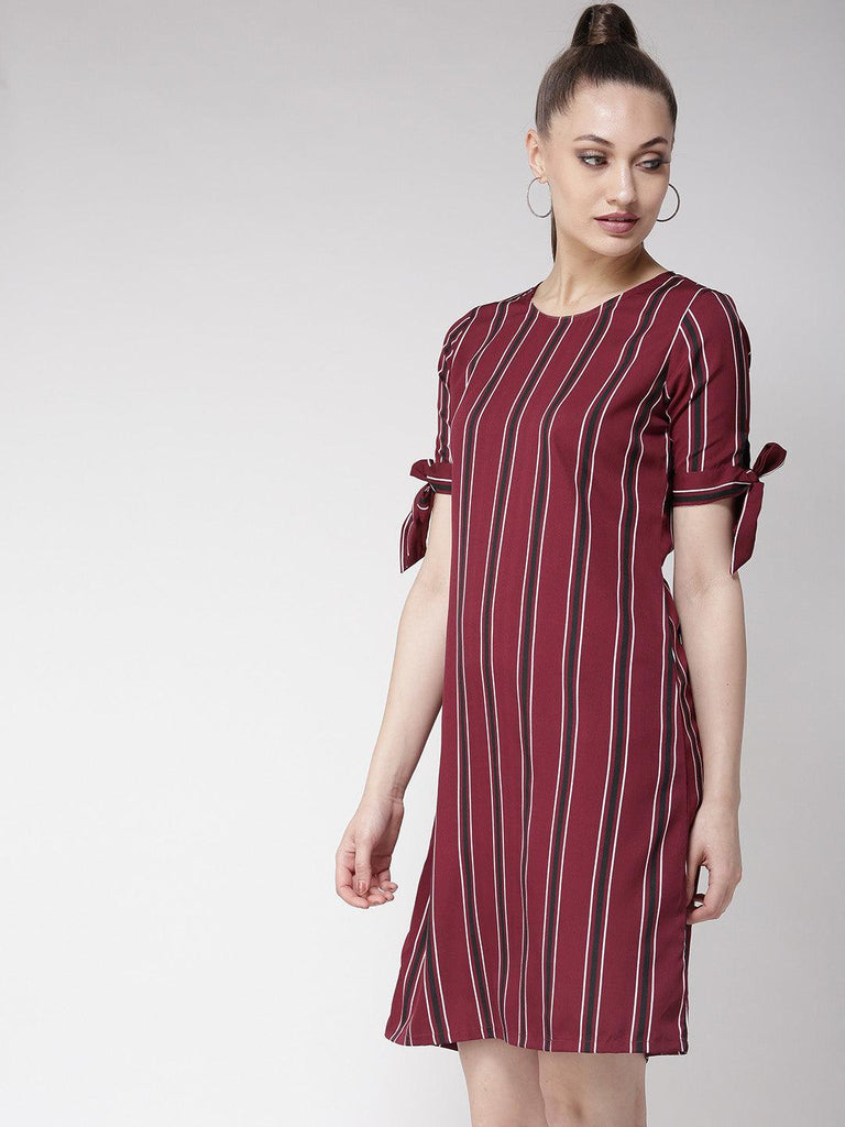 Women Maroon Striped A-Line Dress-Dresses-StyleQuotient