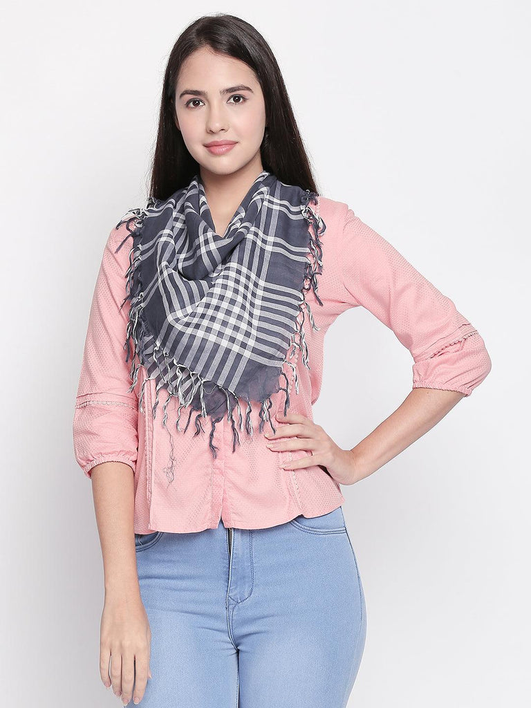 Women Navy Blue & White Checked Scarf-Stoles & Scarves-StyleQuotient