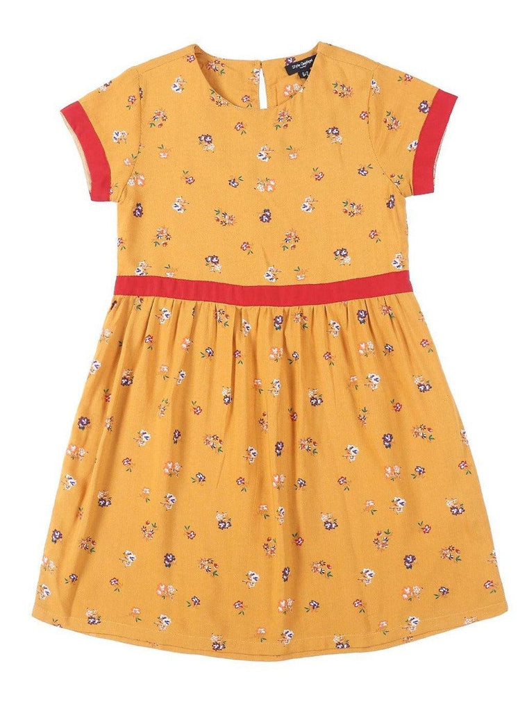 Girls Mustard Yellow Printed Fit and Flare Dress-Girls Dress-StyleQuotient