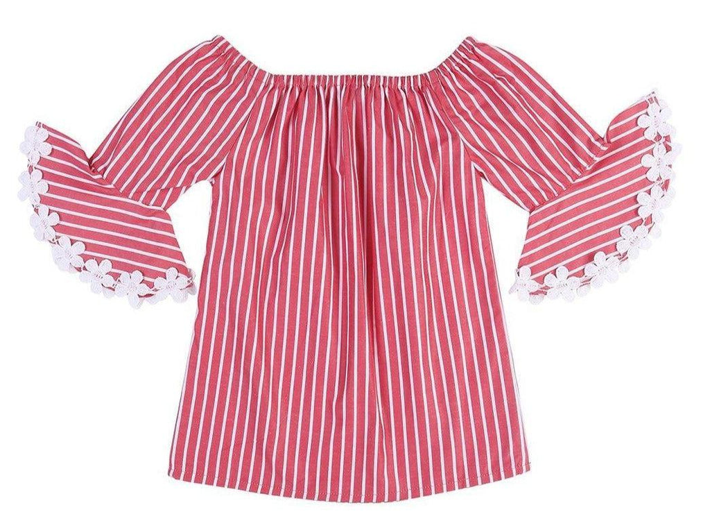 Girls Red & White Candy Stripes Bardot Top-Girls Top-StyleQuotient