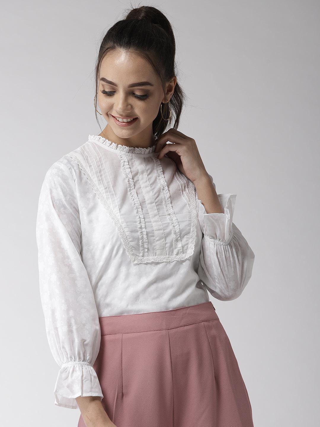 Style Quotient Women Self Design Floral White Cotton Regular Smart Casual Top-Tops-StyleQuotient