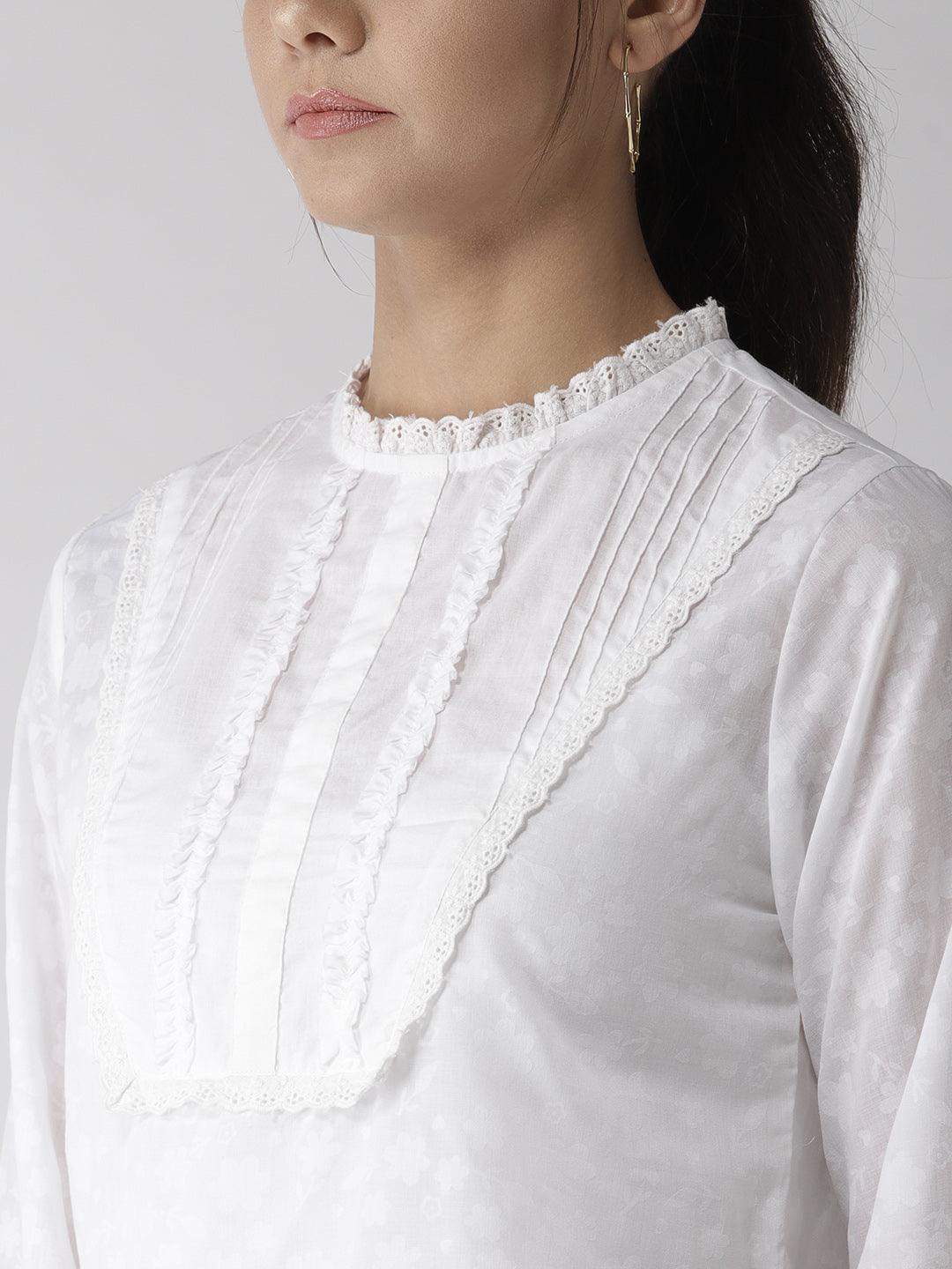 Style Quotient Women Self Design Floral White Cotton Regular Smart Casual Top-Tops-StyleQuotient