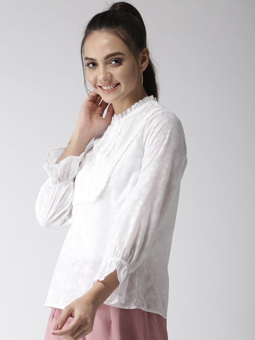 Style Quotient Women Self Design Floral White Cotton Regular Smart Casual Top-Tops-StyleQuotient
